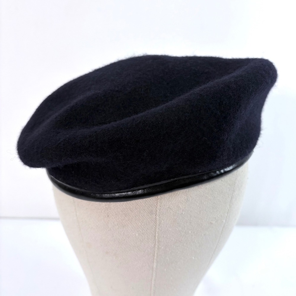 Bancroft Military Beret Black Wool Leather Trim Size 7 1/4 Made in USA Vintage